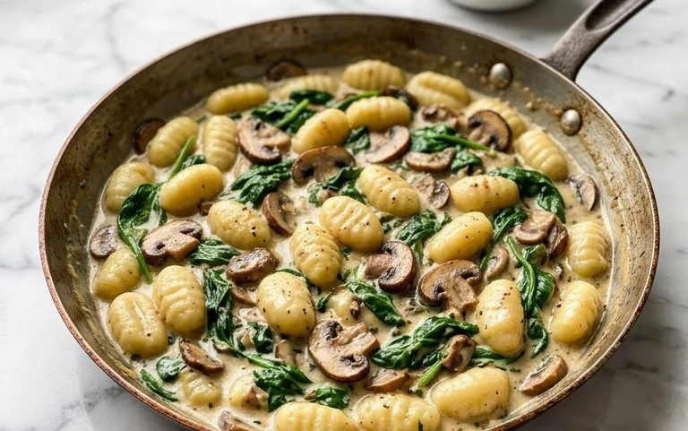 Gnocchi épinards champignons : crémeux, rapide, poêle